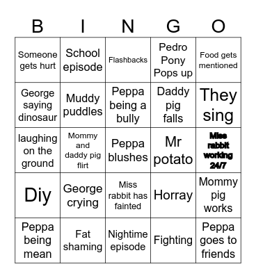 Peppa pig Bingo Card