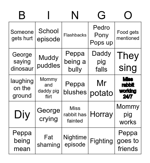 Peppa pig Bingo Card