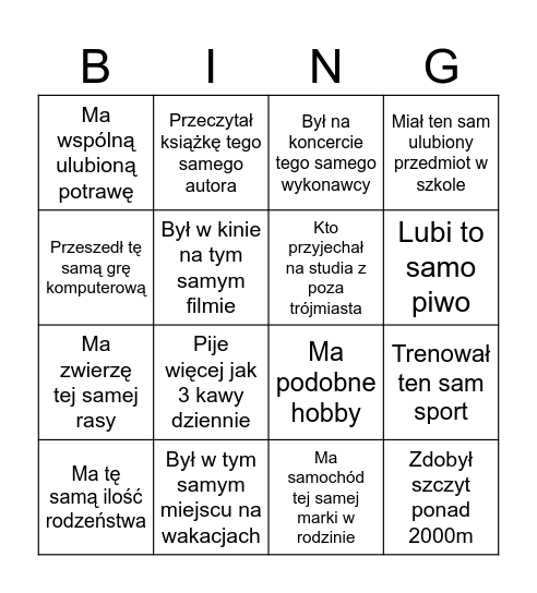 Znajdź kogoś kto: Bingo Card