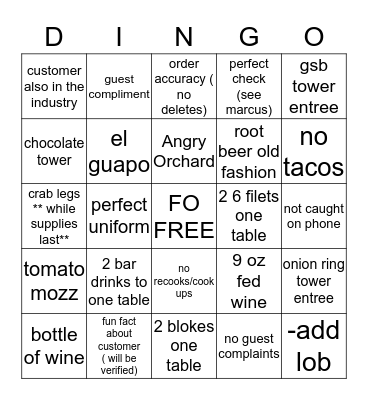 DINGO Bingo Card