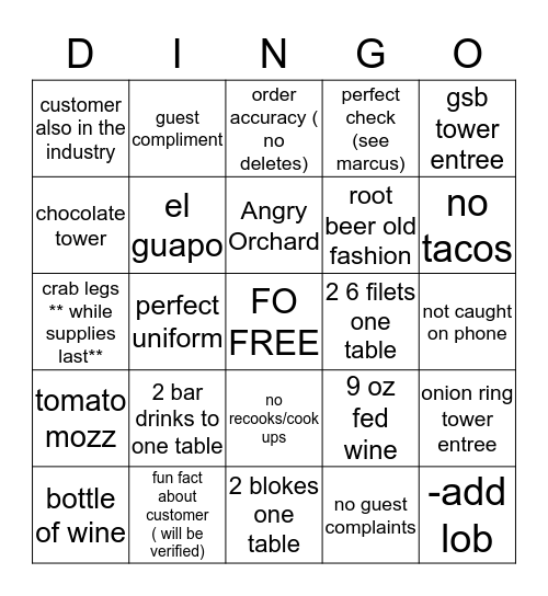 DINGO Bingo Card
