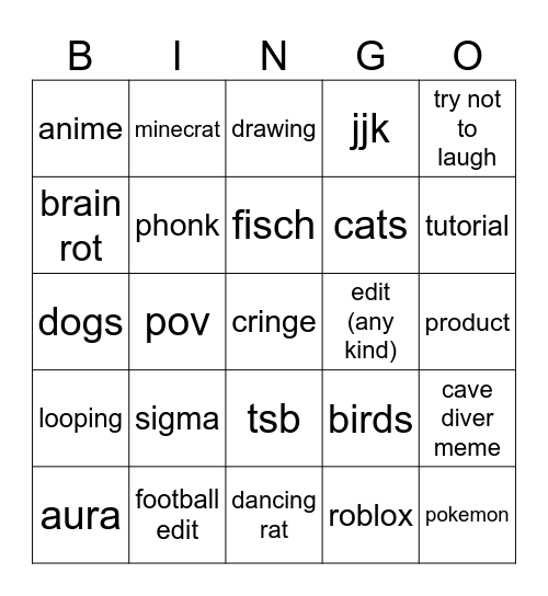 shorts bingo Card