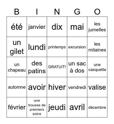 French Vocabulary Words Bingo Card