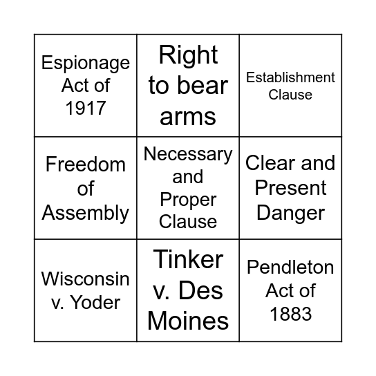First Amendment Review Bingo Card