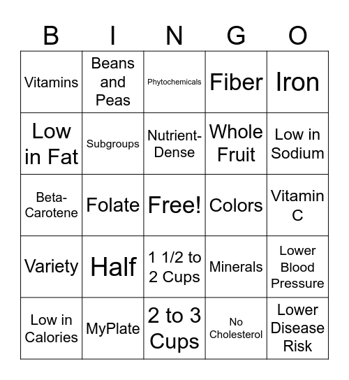 Make Half Your Plate Fruits & Vegetables Bingo Card