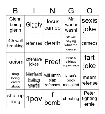 family guy bingo Card