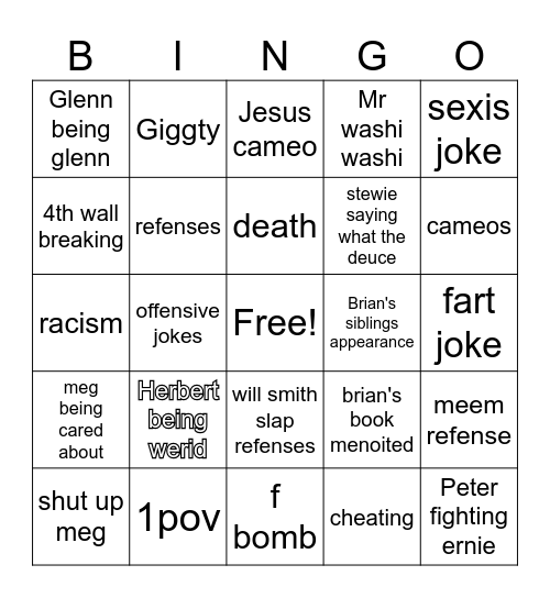 family guy bingo Card