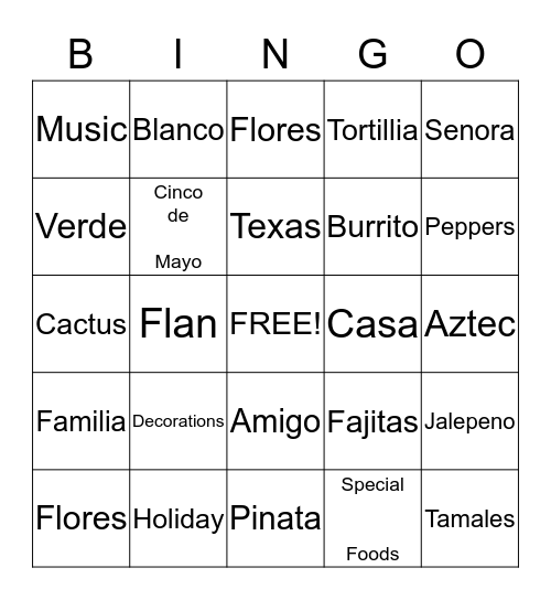 Cinco De Mayo Bingo Card