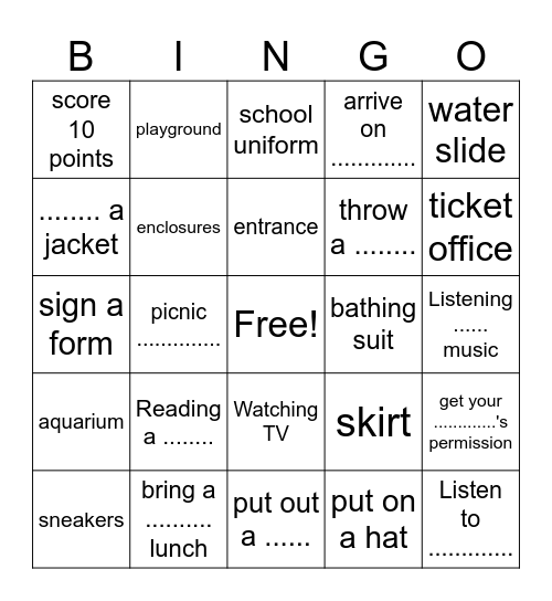 Clothes, Classroom, Fun fair and Actions Bingo Card
