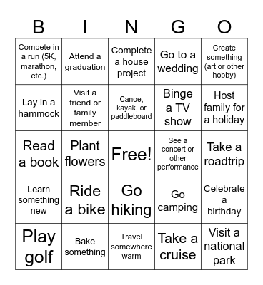 Spring and Summer Plans Bingo Card