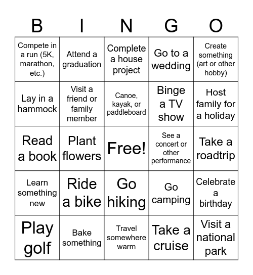 Spring and Summer Plans Bingo Card