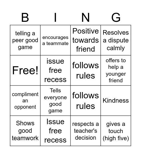Recess Bingo Card