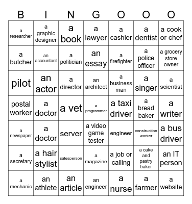 Les professions Bingo Card