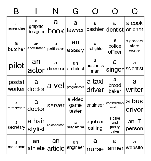 Les professions Bingo Card