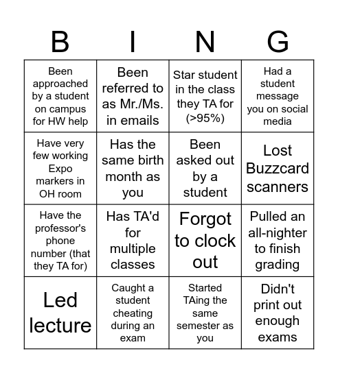 SCI Head TA Bingo Card