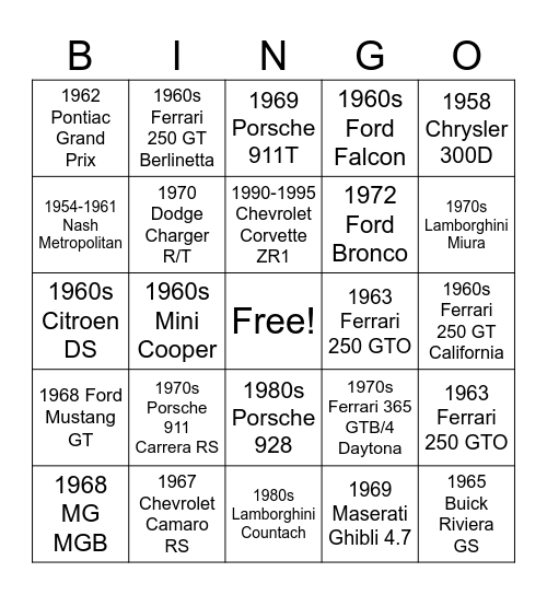 Classic Cars Bingo Card