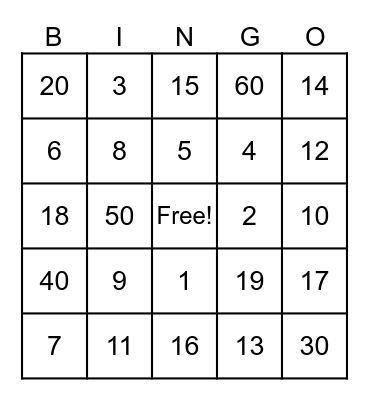 Spanish Numbers Bingo Card