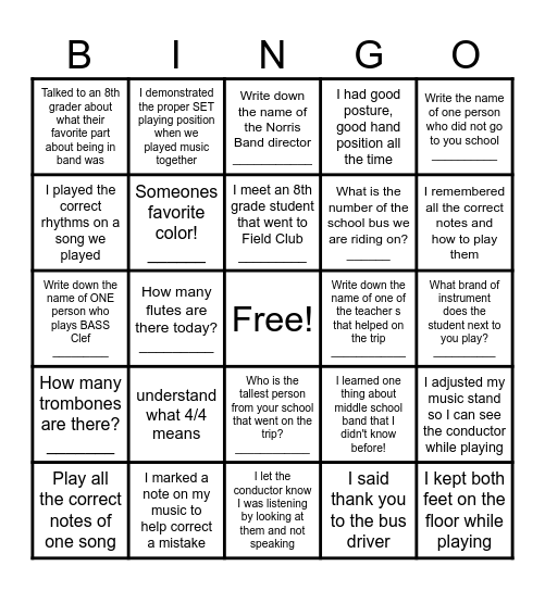 Field Club/Norris side by side trip Bingo Card