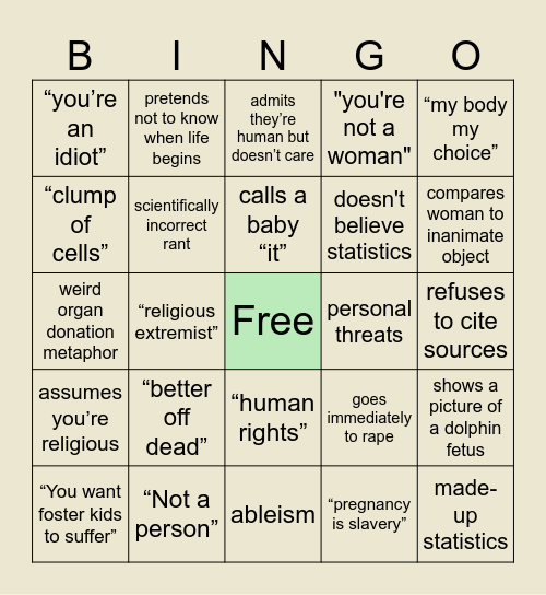 Pro-Life Debate Bingo clone Bingo Card