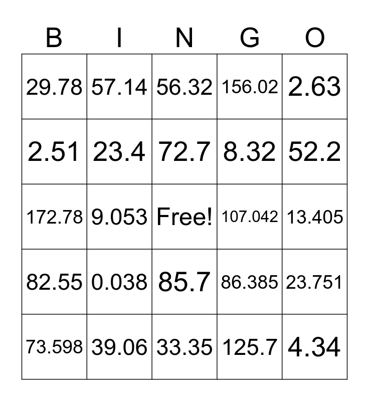DECIMAL BINGO Card