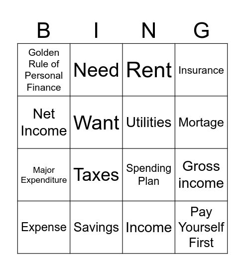 Money Management Bingo Card