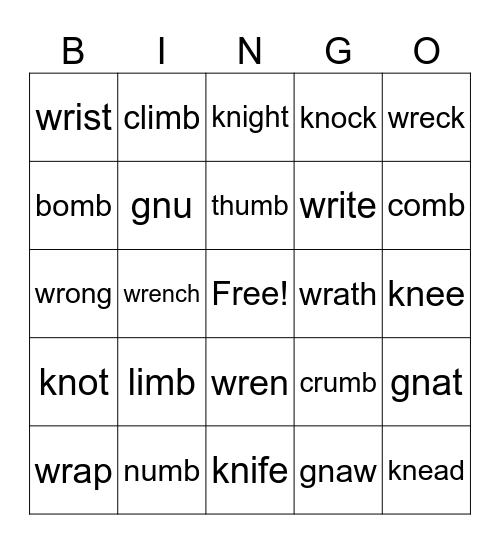 Silent Letters Bingo Card