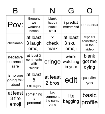 shorts comment bingo Card