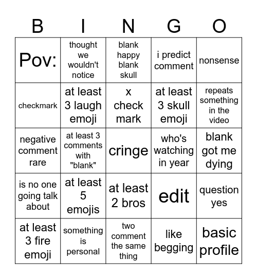 shorts comment bingo Card
