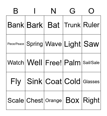 Multiple Meaning Words Bingo Card