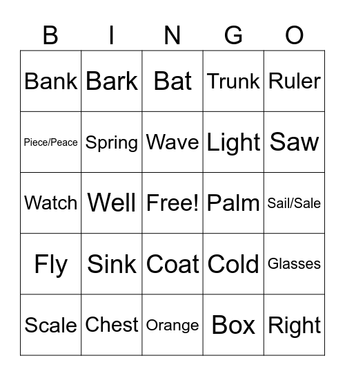 Multiple Meaning Words Bingo Card