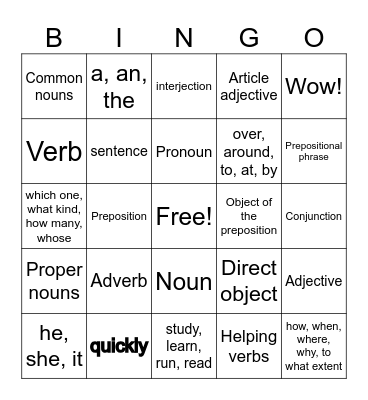 Gilchrist Parts of Speech Bingo Card