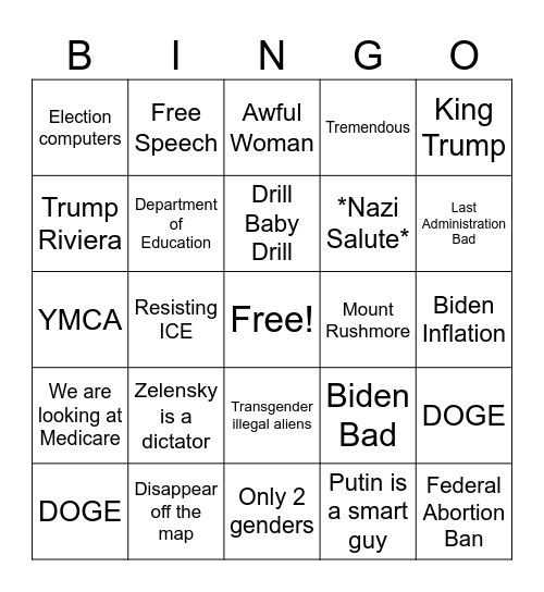 Trump State of the Union Bingo Card