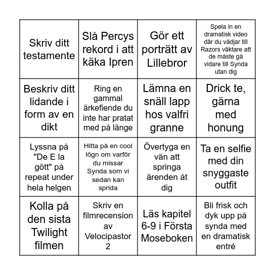 Kirbys Sjukliga Bingo Card