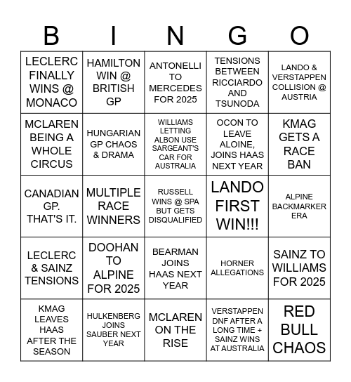 DRIVE TO SURVIVE S7 Bingo Card