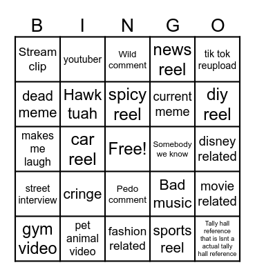 Instagram reel bingo Card