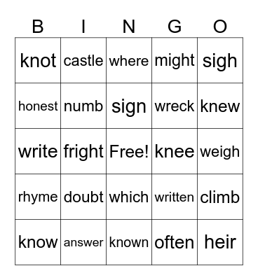 Silent letters in English words (b,g,h,k,t,w) Bingo Card