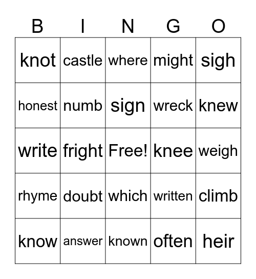 Silent letters in English words (b,g,h,k,t,w) Bingo Card