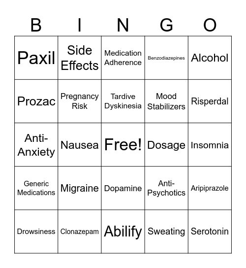 Psychotropic Medication Bingo Card