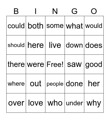 Red Words 1 Bingo Card