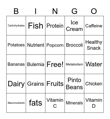 Nutrition Bingo Card