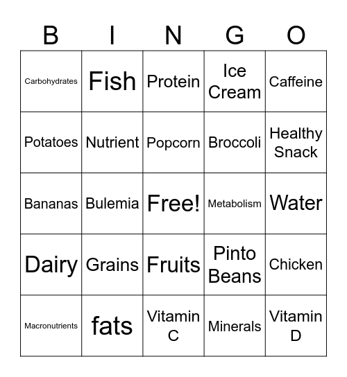 Nutrition Bingo Card