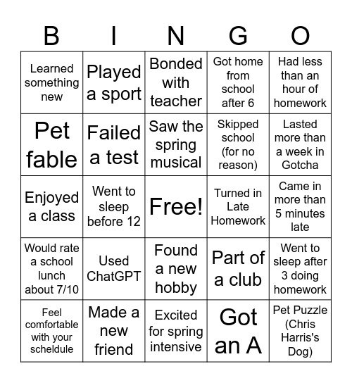 Semester Bingo Card