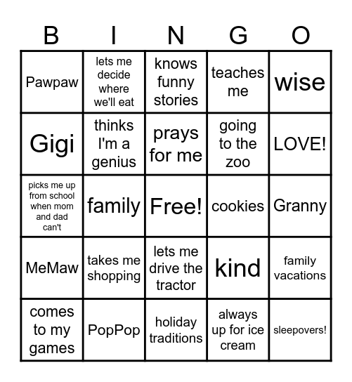 Grandparents Day Bingo! Bingo Card