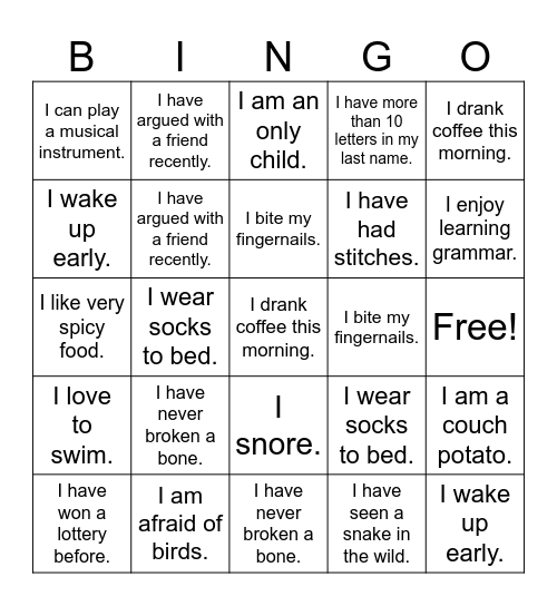 "That's Me!" BINGO Card