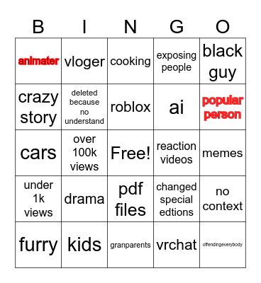 youtube kids Bingo Card