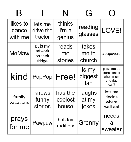 Grandparents Day Bingo! Bingo Card