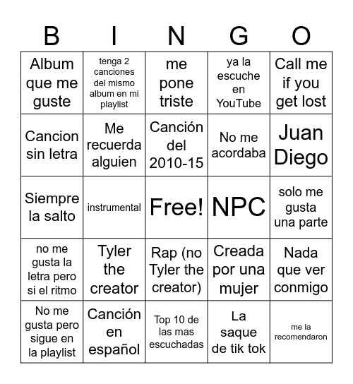 Playlist bingo Card