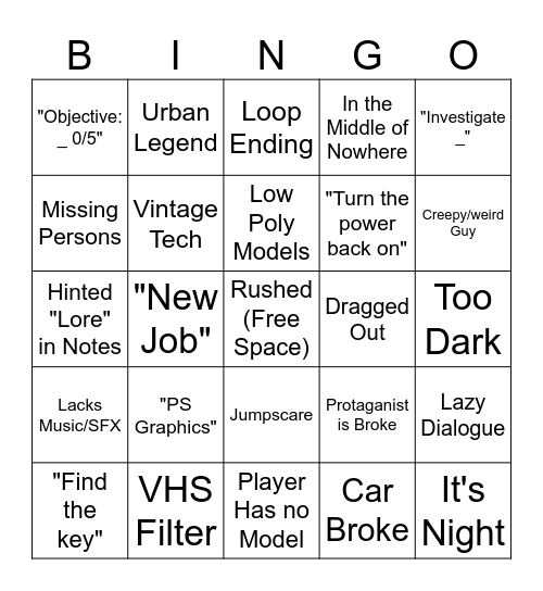 Modern Indie Horror Game Bingo! Bingo Card