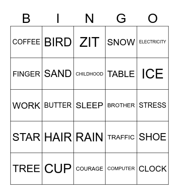 Count/Noncount Nouns Bingo Card