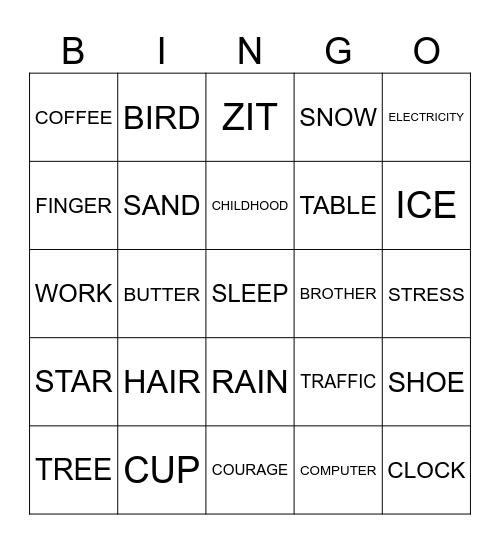 Count/Noncount Nouns Bingo Card